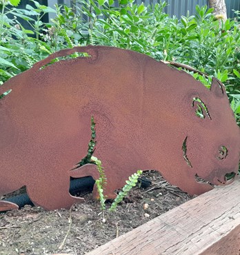 Wombat Garden Stake - Australian Made Rusted Metal Garden Art Image