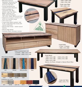 Clyde Resin Collection - Exclusive Harvey Norman.........................................................Australian designed and made in regional Victoria, from Australian Tasmanian Oak and NSW Ash................................................ Our CLYDE Image