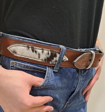 Leather Belt with Cow Hide Inlay - SS or Brass Buckle & Keeper Image
