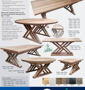 Ridlee Collection - Exclusive Harvey Norman.................Australian designed and made in regional Victoria, from Superior Oak (SO-Select grade of timber)............................................... Our RIDLEE collection has a 32mm top with its beaut Image