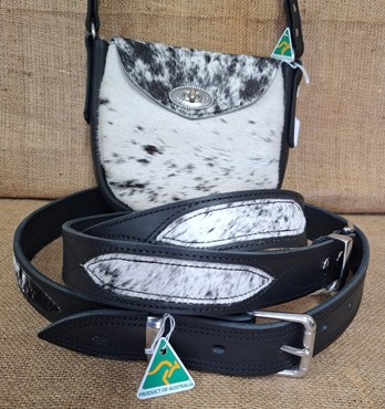 Leather Belt with Cow Hide Inlay - SS or Brass Buckle & Keeper Image