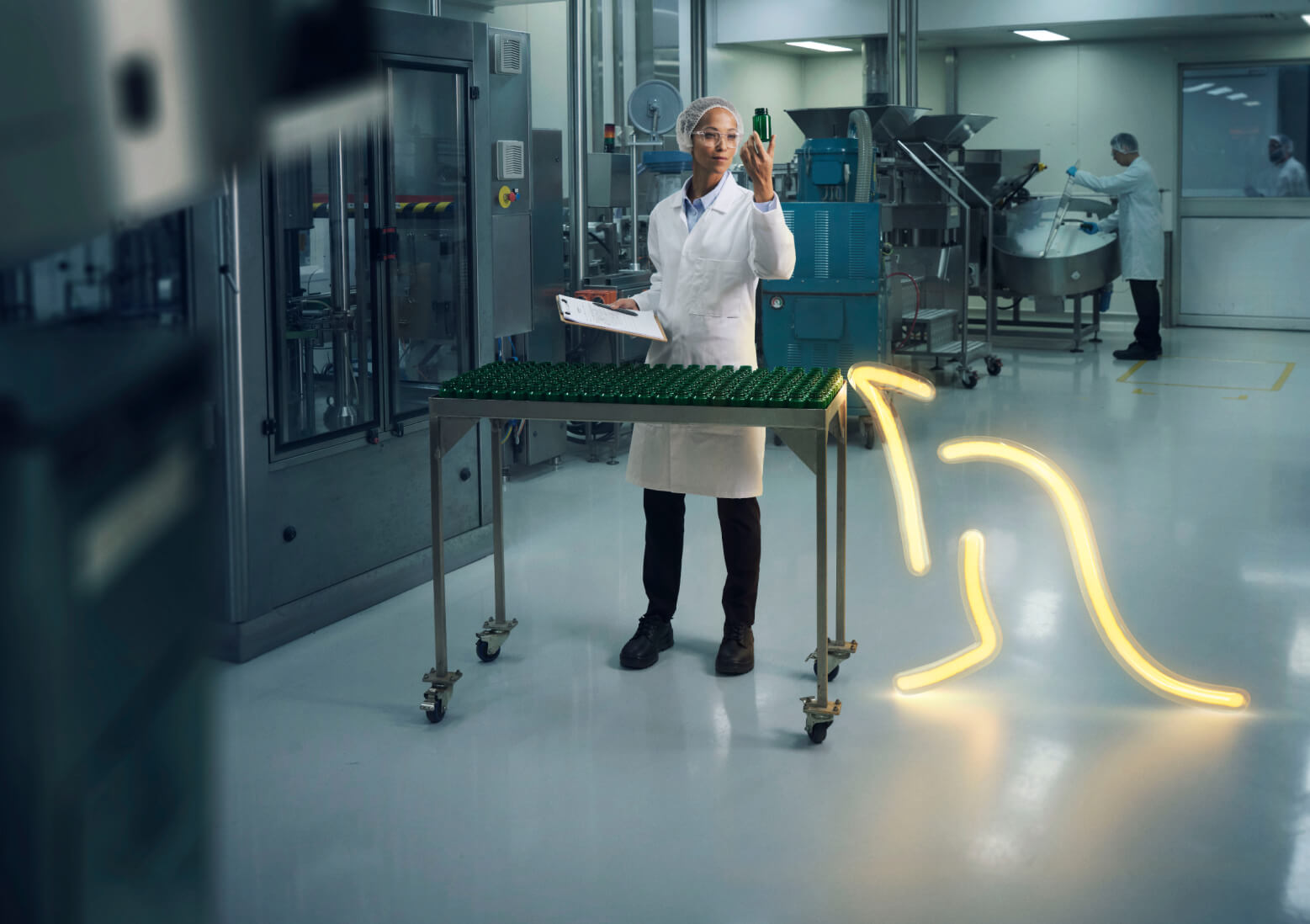 A scientist in a white lab coat inspecting a green bottle with a glowing neon kangaroo leaping in the foreground.
